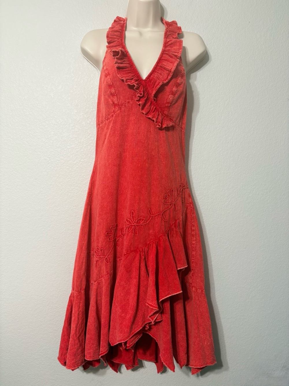 Scully Red Cantina Ruffled Embroidered Halter
Peruvian Cotton Dress.  M